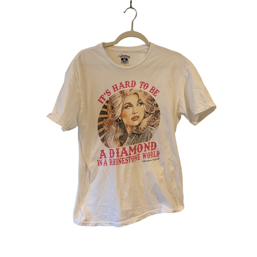 Bohemian Cowgirl Dolly Parton Diamond Rhinestone Graphic Tee White Large